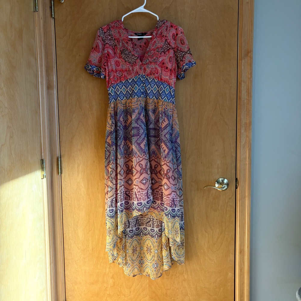 Desigual Maxi Dress Bohemian Paisley Print V Neck Short Sleeve High Low‎ Size 36